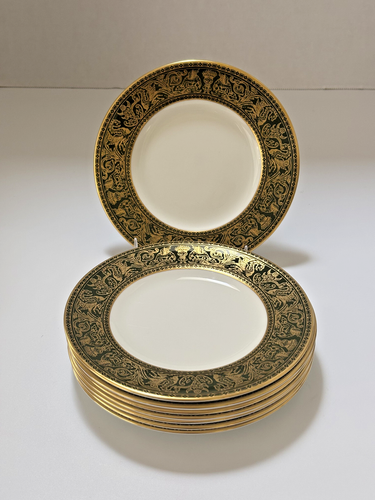 Set (6) Vintage Wedgwood Florentine "Arras Green" W4170 Luncheon Plates 8-1/8"