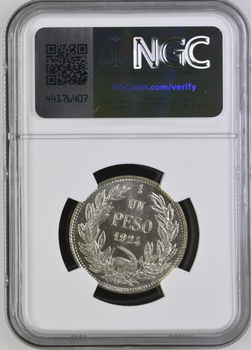 CHILE Santiago Silver 1 Peso 1924 NGC MS 66 Ex-Lissner KM-152.6 - Picture 4 of 5