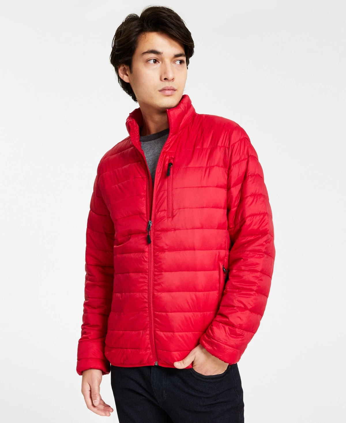 $125 Club Room Mens Quilted Packable Puffer Jacket, Red, XL