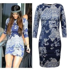 New Ladies Women Printed Floral ¾ Sleeve Bodycon Midi Party Dress Top 8 10 12 14