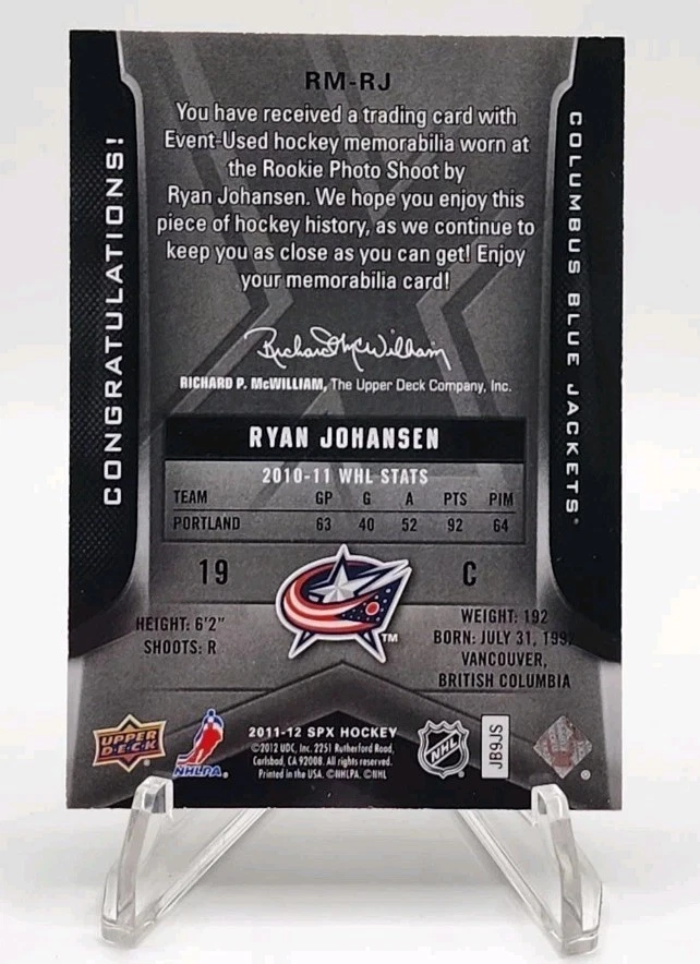 2011-12 Upper Deck SPX  RYAN JOHANSEN #rm-rj UD ROOKIE MATERIALS BLUE JACKETS - Image 2 of 2