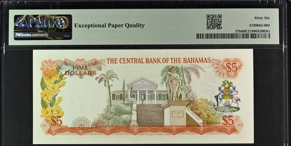 Bahamas 5 dólares 1974 P-37b PMG 66 EPQ Foto 2 de 2