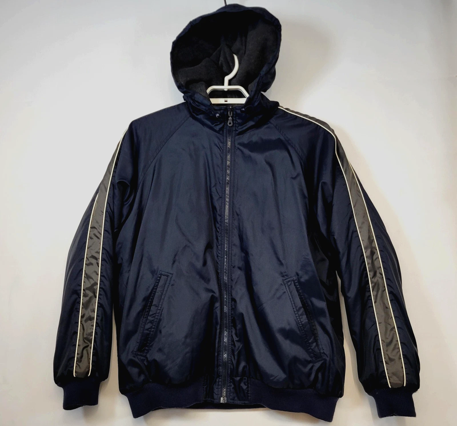 Croft & Barrow Bomber Jacket Mens L Blue Hooded Reversible Fleece Lined Outdoor