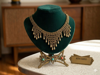 Brass Link Mesh Bib Necklace Tear Drop Beads 19'' Chain Necklace Extender D1