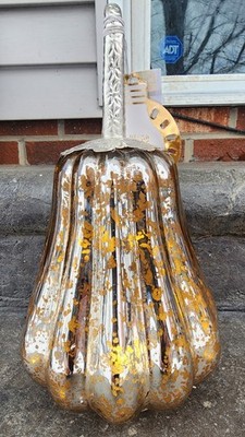 New Silver Mercury Glass Pumpkin Gourd Lght. LED Metal Stem Fall Decor 10.5'' 2x
