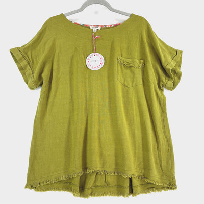 Umgee NEW Linen/Cotton Blend Top Tunic Olive Green Boho Frayed Hem Pocket