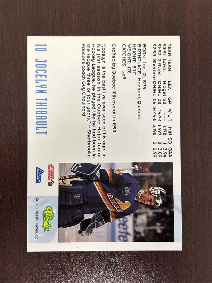 1993 Classic Hockey #10 Jocelyn Thibault Rookie Card AUTOGRAPH AUTO Quebec - Image 2 of 2