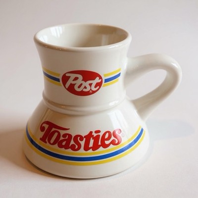 Vintage Post Toasties Wide Bottom Travel Coffee Mug Cup Ceramic Blue Yellow Red