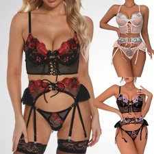 Sexy Womens Teddy Lingerie Babydoll Bodysuit Underwear Nightie Sets with Garters