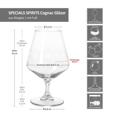 6x Specials Spirits Cognac-Schwenker 150ml mit Fuß Brandy-Gläser Whisky-Tumbler