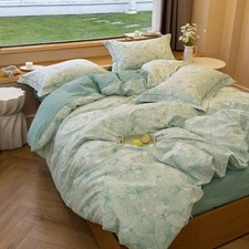 Aesthetic Floral Printed Duvet Cover Set for Room Decor, Green Pure Cotton Co...