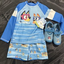 Disney BLUEY Boys Swim Trunks Rash Guard Shirt Set Swimsuit Size-6/7 2 pc 50 Upf