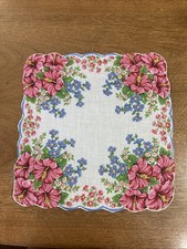 VTG 12" Square Handkerchief Pink Hibiscus Blue Floral Scalloped Edge Cotton EUC