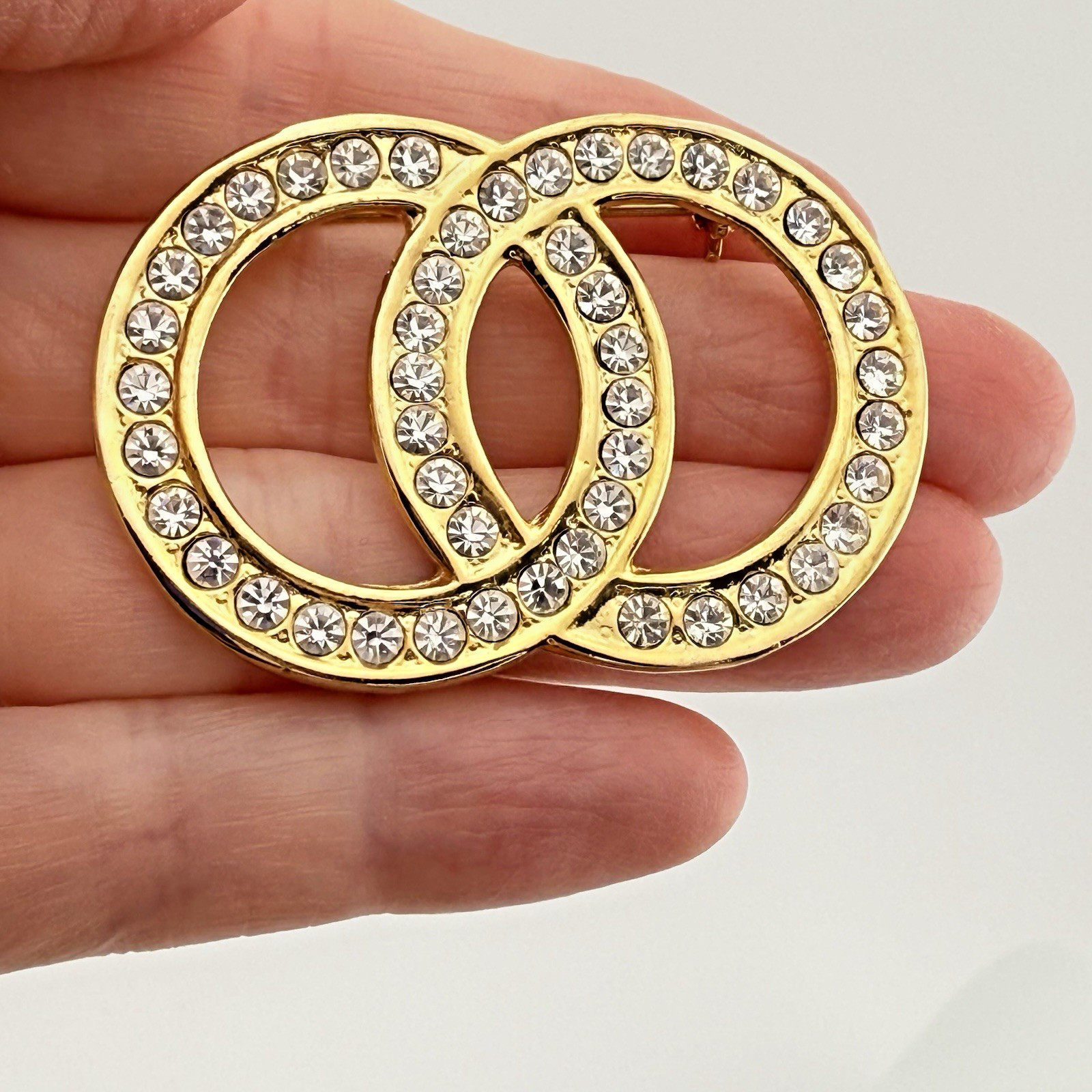 Rhinestone Infinity Link Double Circle Brooch Gol… - image 8