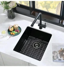 17" Black Undermount Motor Home Bar Kitchen Sink Quartz Bottom Grid 17x17x10