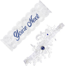 2pcs Wedding Garter Set Lace Garter Belt with Blue Rhinestones White Flower Brid