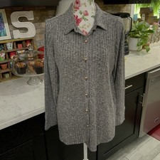 Susan Graver Cardigan Sweater Soft Ribbed Knit Gold Button Front Gray Marled