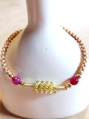 Makramee Armband Gold / Bronze Magenta Achat Perlen 18 K vergoldet Wire Wrap NEU