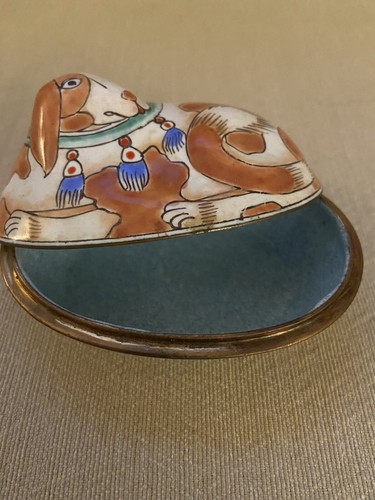 Vtg Chinese Canton Copper Enamel Trinket Box Dog Cloisonné Turquoise Interior - Picture 5 of 12