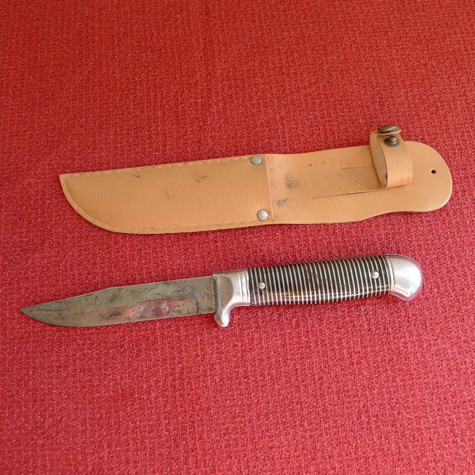 Vintage Imperial Fixed Blade Knife Striped Handle Prov RI w/ Sheath