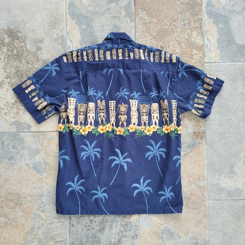Camicia KY’s uomo grande manica corta con bottoni blu hawaiano Tiki Idols made in USA vintage - Foto 7 di 7