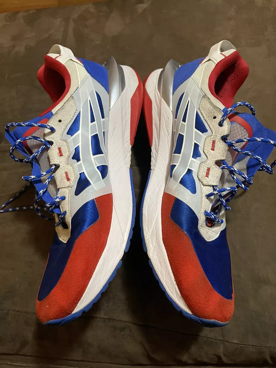 Asics red white shop and blue running shoes