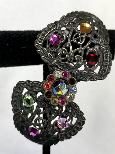 Vintage 1928 Large Colorful Rhinestone Hinged Bracelet Bronze Tone - Picture 7 of 8