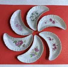 6 Vintage PORCELAIN CRESCENT BONE DISHES w Flowers JAPAN Our Own Import