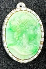 Victorian Revival Baroque Silver Tone Green Acrylic Cameo Greek Goddess Pendant