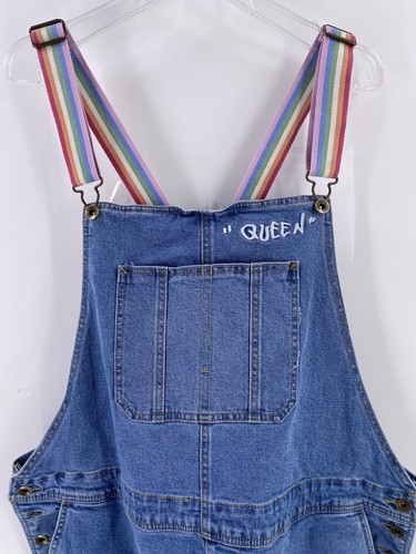 Take Pride Woman Queen Shortalls Overalls XXL Blue Denim Rainbow Logo Shorts - Picture 2 of 8