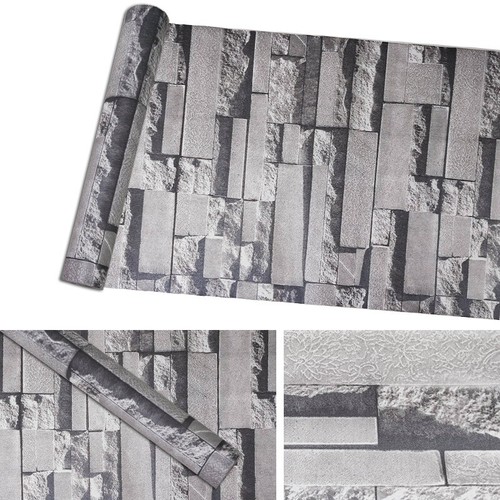 10M Silver Grey 3D Realistic Brick Effect Wallpaper Slate Stone Vintage Textured - Picture 5 of 40