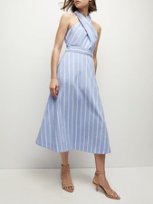 VERONICA BEARD BRYNE Blue White Striped Neck Hanging Sleeveless Mid Length Dress