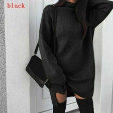 Damen Strickerei Split Langärmliges Kleid Kleider Stehkragen Locker Freizeit Neu