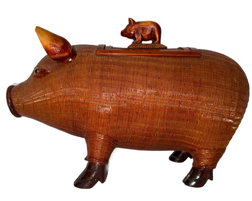 Pig Mid Century Chinese Hand Crafted Wood Wicker Pig Sculpture Box Vintage - Picture 6 of 13