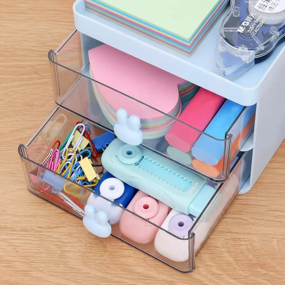 LETURE Small Desk Organizer With Drawer, Office Desktop Storage Box, Blue