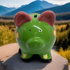       VINTAGE PIG PIGGY BANK GREEN WITH POLKA DOTS VGC COIN STORAGE