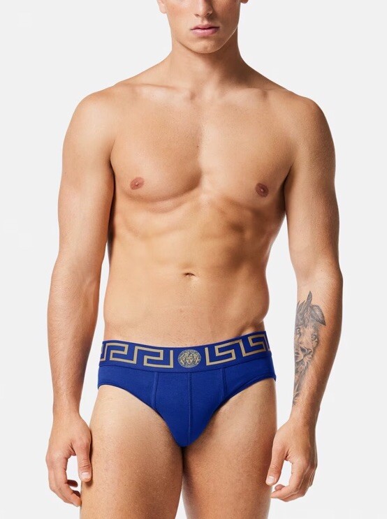 【関税込み】Versace Underwear ブルー ラ グレカ ブラ NWT Versace Greca Stretch Cotton Brief - Blue / Gold - Size