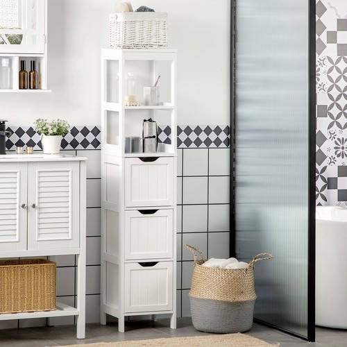 Tall Bathroom Storage Cabinet, Freestanding Linen Tower with 3 Drawers, White - Picture 1 of 11