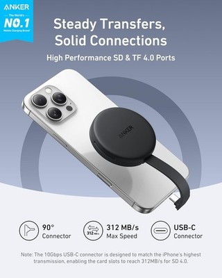 Black Anker MagGo USB-C Adapter, SD Card Reader for USB C iPhone 16/15 Series