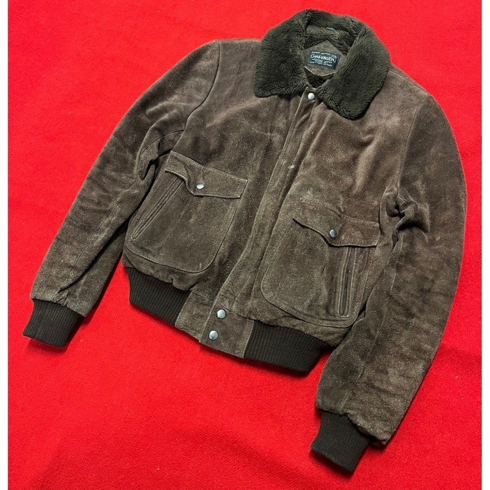 Challenger Mens Suede Bomber Jacket Fur Collar Zip Front Brown 