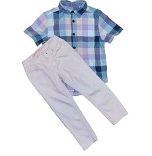 4-5 Cat Jack Short Sleeve Button Down Pink/Blue Plaid Shirt Pink Skinny jean