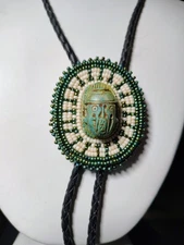 Handmade Beaded Bolo Tie Carved Scarab Pendant Western Leather Cord Silver Tips