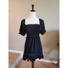 TOPSHOP Black Shirred Eyelet Dress SZ 2 Flirty Little Black Dress Peasant