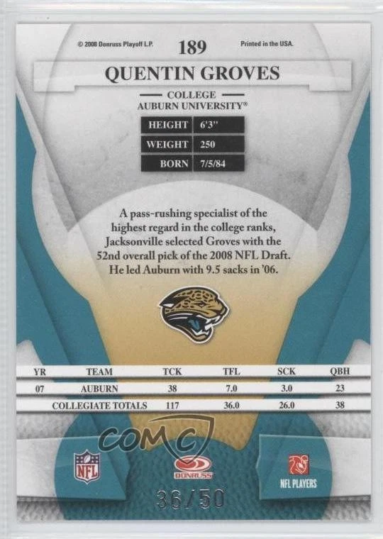 2008 Leaf Certified Materials Mirror Blue /50 Quentin Groves #189 Rookie RC - Image 2 of 2