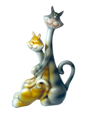 Long Neck Ceramic Pair of Cat Figurine Statue Kitsch MCM Decor Loving Hugging
