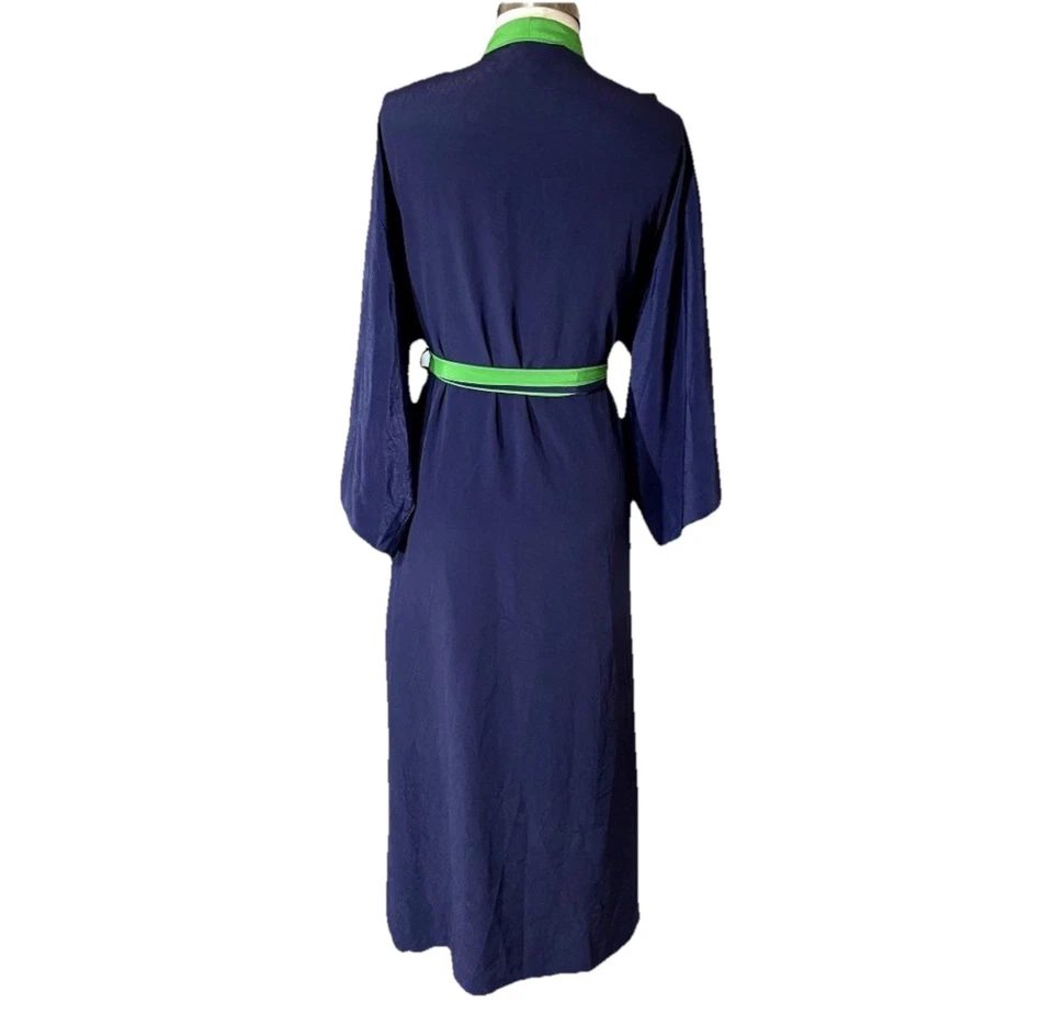 Темно-синий шелковистый креп Natori держит моно стиль макси надежном халат с зеленой отделкой M - Изображение 2 из 4