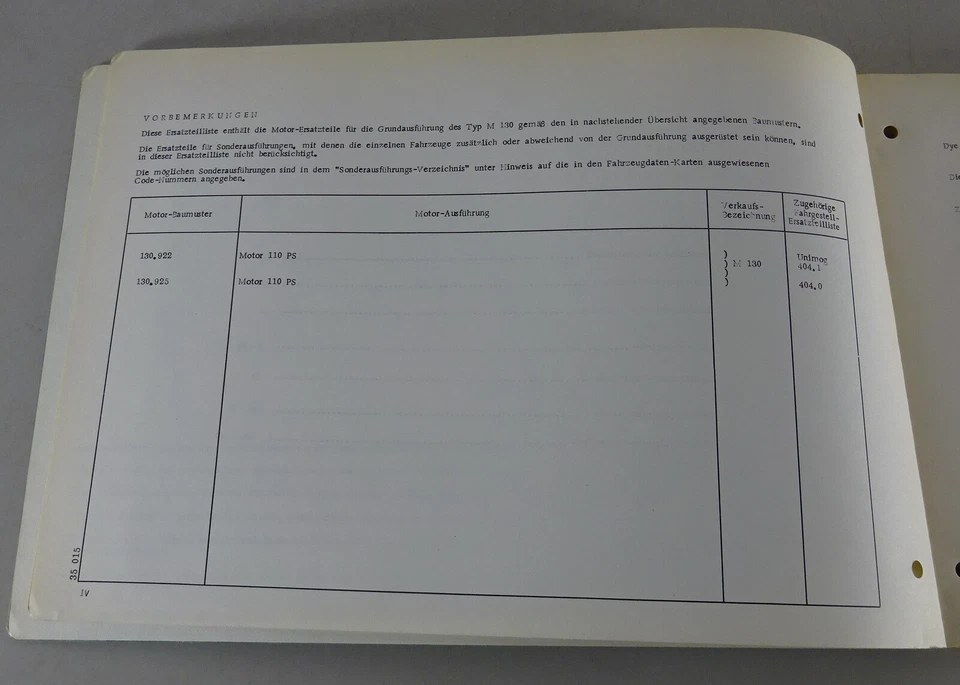 Teilekatalog / Ersatzteilliste Mercedes Benz Unimog 404 Type M 130 Stand 05/1971 - Bild 2 von 4