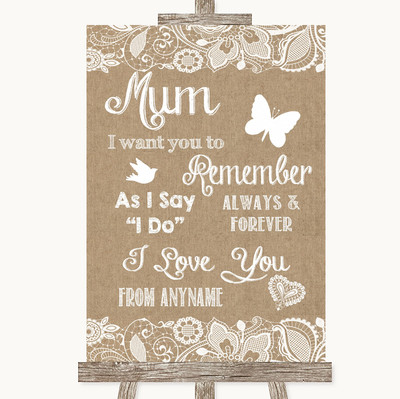 Personalisiertes Hochzeitsschild Sackleinen & Spitze Ich liebe dich Nachricht für Mama