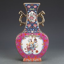 8" China Official Ware Colour Enamels Porcelain Gild Figure Stories Vases