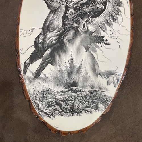 Native Warrior on Horseback Print on Wooden Plaque 18" x 10 1/2" Eagle Feathers - Picture 4 of 7